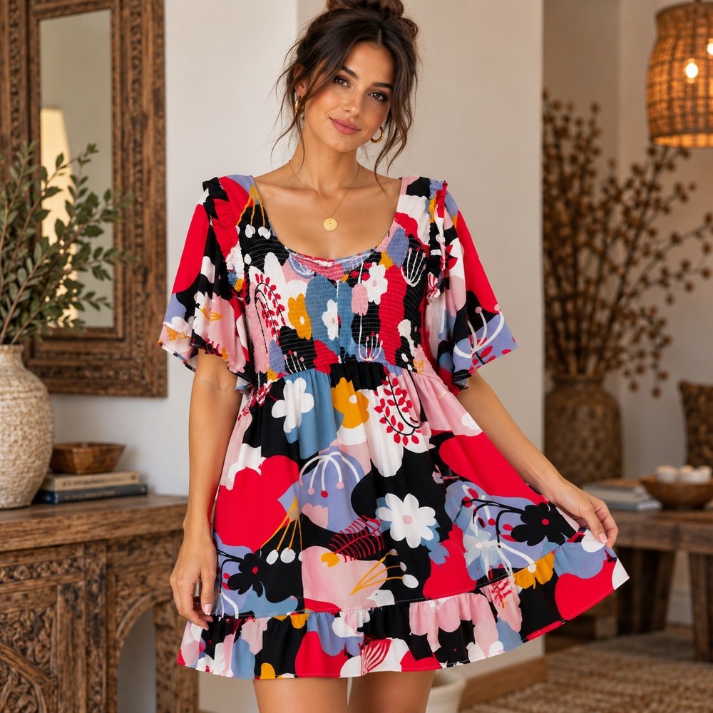 Jodifl Plus Size 2X Floral Smocked Mini Dress Flutter Sleeve Ruffle Hem Colorful